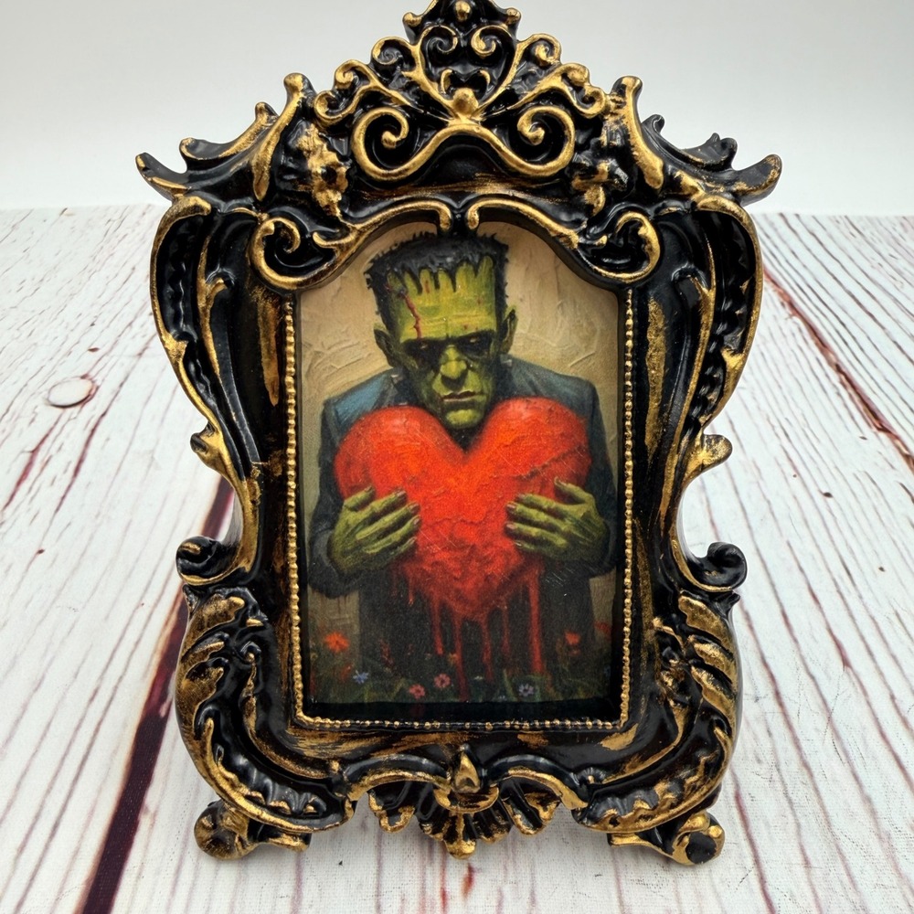 Frankenstein Heart Art Print Decoupage Gold Black Resin Gothic Frame 5 inch